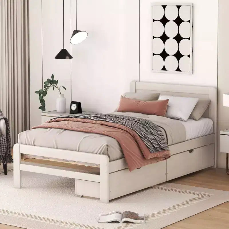Okak Twin Modern Platform Bed Frame with 2 Storage Drawers Sturdy Wooden Platform Bed Noiseless No Springs Required Easy to Assemble