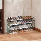 Shoe Rack, 3 Tier Shoe Organizer, Fabric Shoe Shelf Storage with 4 Hooks, Holds up to 18 Pairs of Shoes, Height-Adjustable Shoe Rack for Entryway
