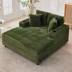 Zielony sztruksowy szezlong dwuosobowy Oversized, rozkładana sofa z poduszkami i uchwytem na kubek