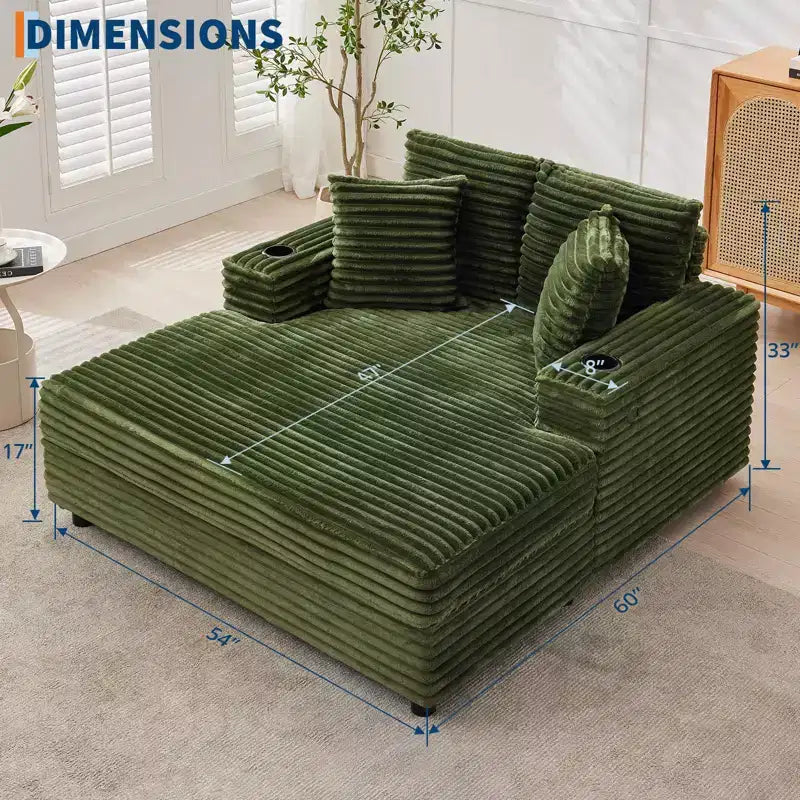 Zielony sztruksowy szezlong dwuosobowy Oversized, rozkładana sofa z poduszkami i uchwytem na kubek