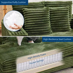 Zielony sztruksowy szezlong dwuosobowy Oversized, rozkładana sofa z poduszkami i uchwytem na kubek