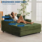 Zielony sztruksowy szezlong dwuosobowy Oversized, rozkładana sofa z poduszkami i uchwytem na kubek