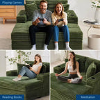Zielony sztruksowy szezlong dwuosobowy Oversized, rozkładana sofa z poduszkami i uchwytem na kubek