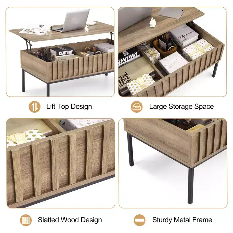 Stolik kawowy podnoszony Teak Brown z ukrytym schowkiem, 43"