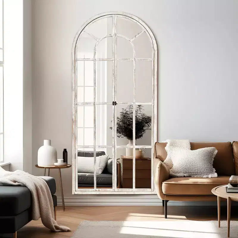 Lustro łukowe z litego drewna z kratką, 180x80 cm – Brązowe / Białe, 1-osobowe