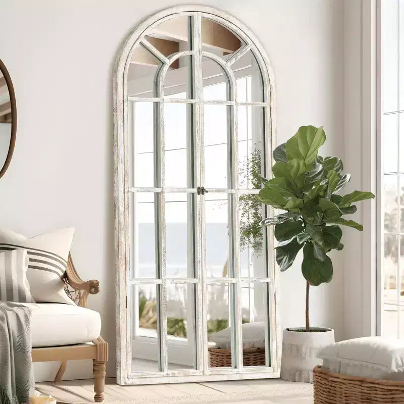 Lustro łukowe z litego drewna z kratką, 180x80 cm – Brązowe / Białe, 1-osobowe