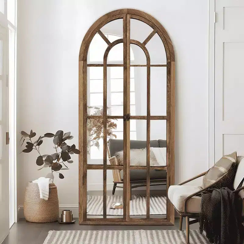 Lustro łukowe z litego drewna z kratką, 180x80 cm – Brązowe / Białe, 1-osobowe