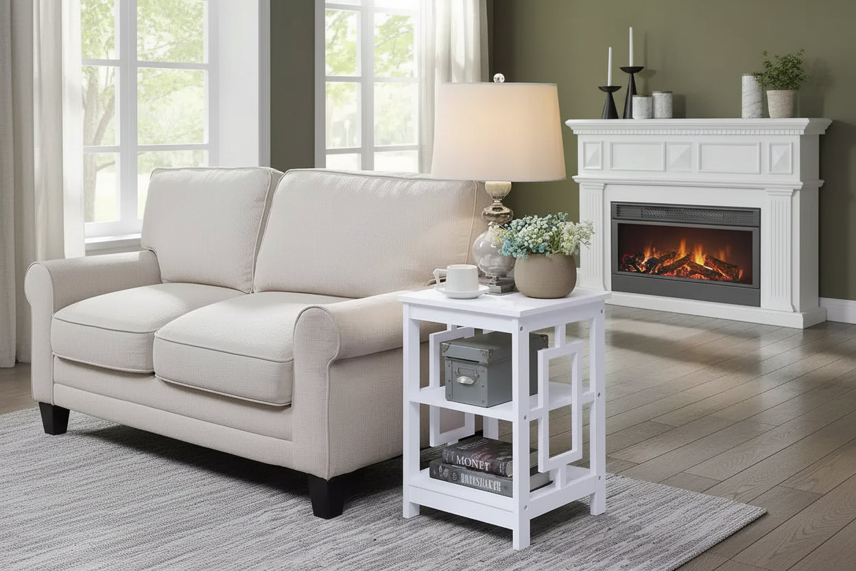 HomeStock Belmont Square End Table with Large Surface and Two Open Shelves, Symmetrical Frame Design, MDF Accent Side Table for Home Use