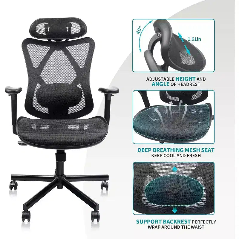 Czarny, ergonomiczny fotel biurowy siatkowy dla 1 osoby