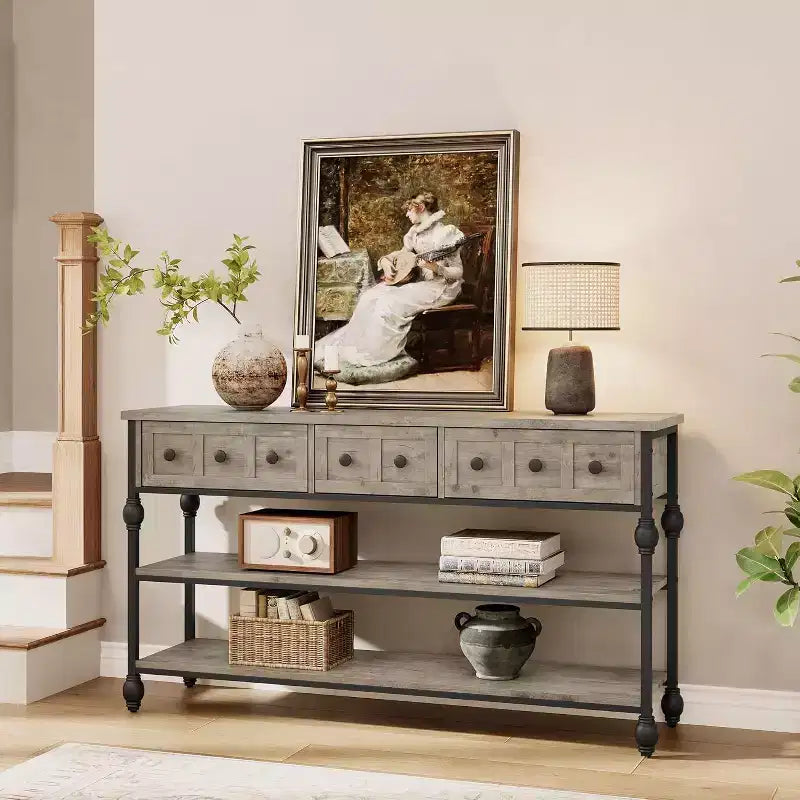 52-Inch Industrial Console Table with 3 Drawers, 3-Tier Entryway and Sofa Table, Metal Frame Behind Couch Table, Hallway Storage Table