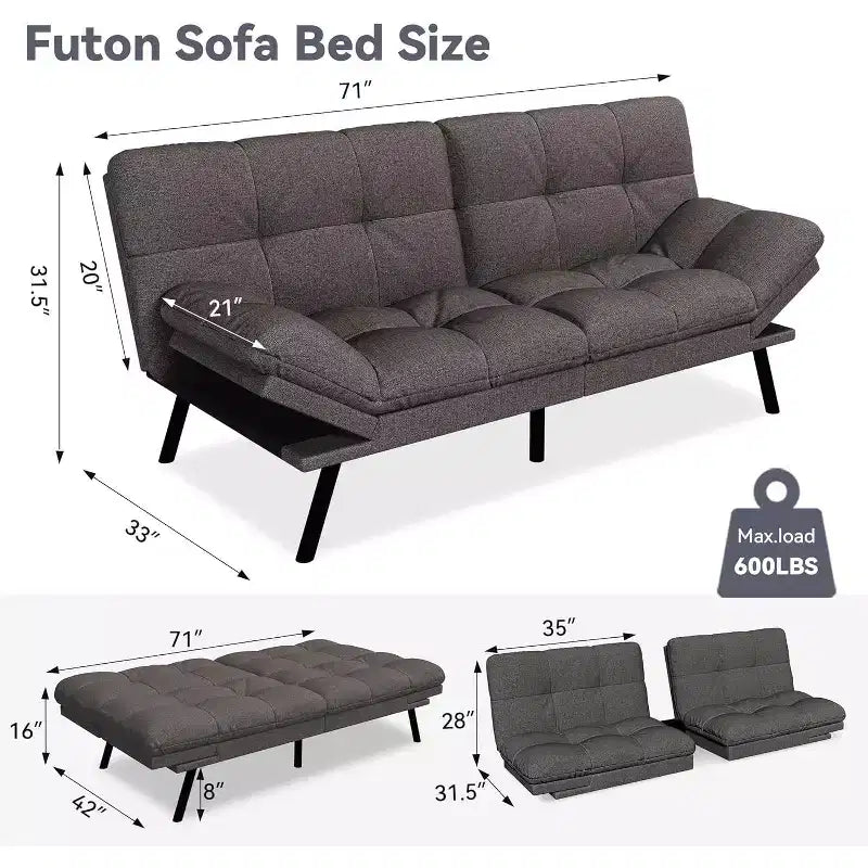 Wielokolorowa, rozkładana sofa futon 71", 2-osobowa z regulowanym oparciem i podłokietnikami