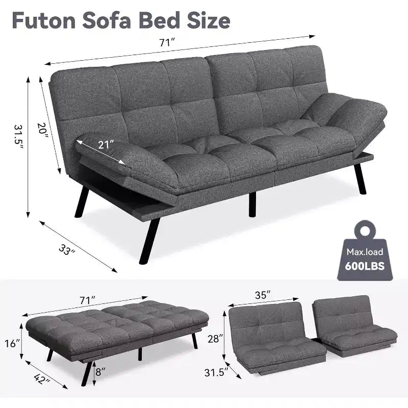 Wielokolorowa, rozkładana sofa futon 71", 2-osobowa z regulowanym oparciem i podłokietnikami