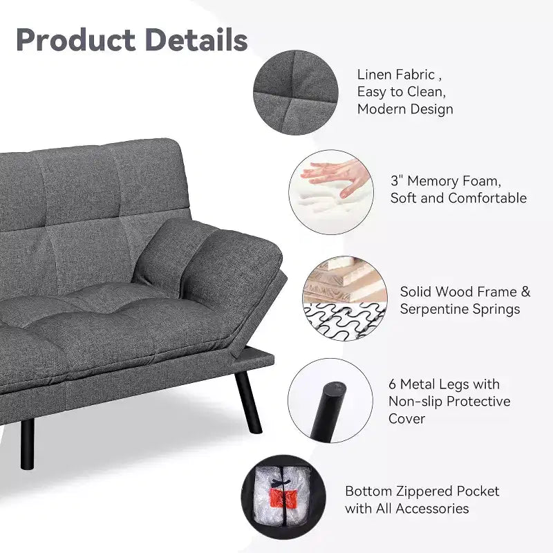 Wielokolorowa, rozkładana sofa futon 71", 2-osobowa z regulowanym oparciem i podłokietnikami