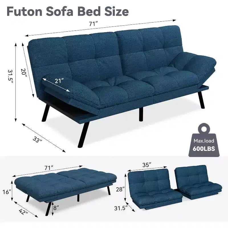 Wielokolorowa, rozkładana sofa futon 71", 2-osobowa z regulowanym oparciem i podłokietnikami