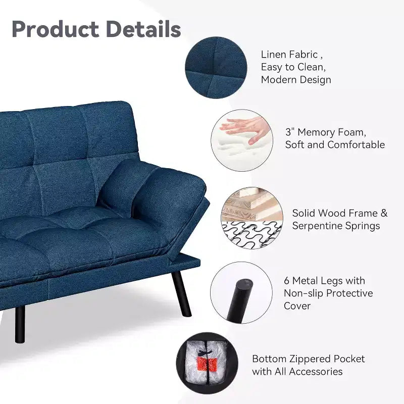 Wielokolorowa, rozkładana sofa futon 71", 2-osobowa z regulowanym oparciem i podłokietnikami