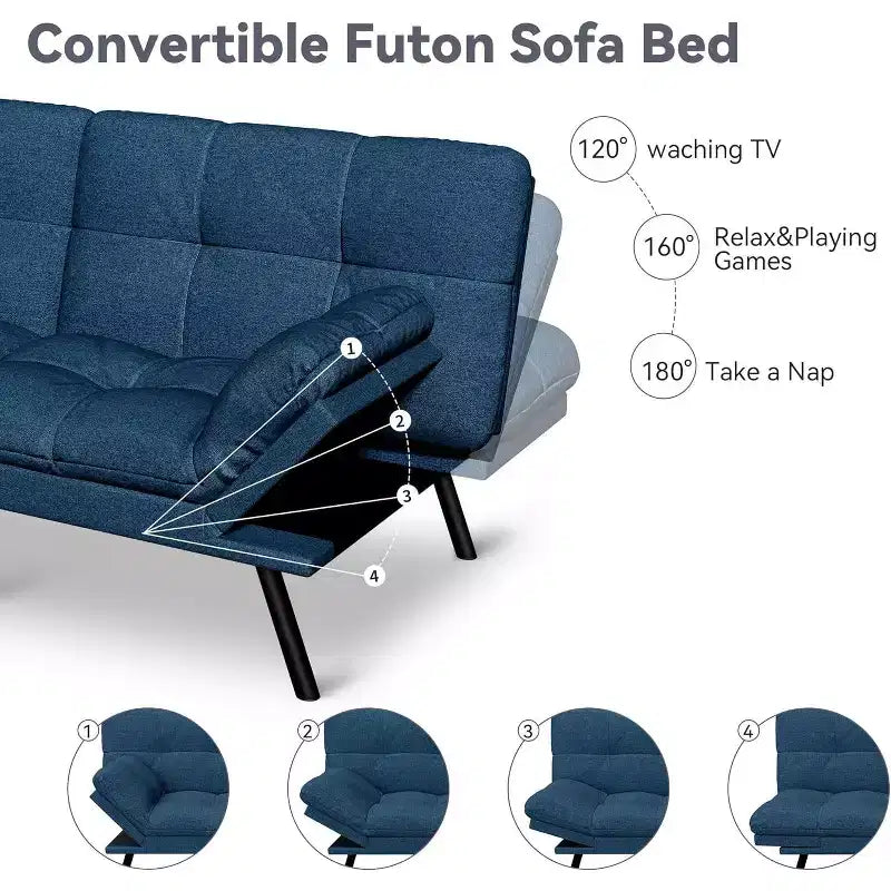 Wielokolorowa, rozkładana sofa futon 71", 2-osobowa z regulowanym oparciem i podłokietnikami