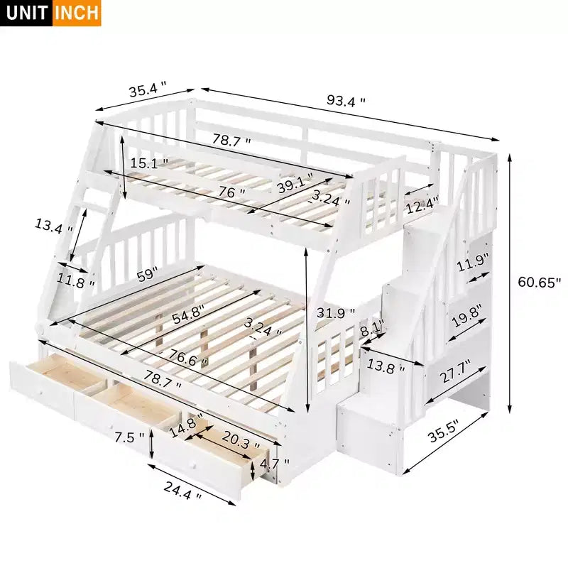 Łóżko piętrowe z podwójnym łóżkiem na górze i pełnowymiarowym na dole, z szufladami do przechowywania — Espresso / Szare / Białe, dla 2 osób