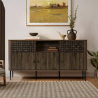 LuxenHome Dark Oak Manufactured Wood with Basket Weave 3-Door and 2-Sliding Door Sideboard Cabinet