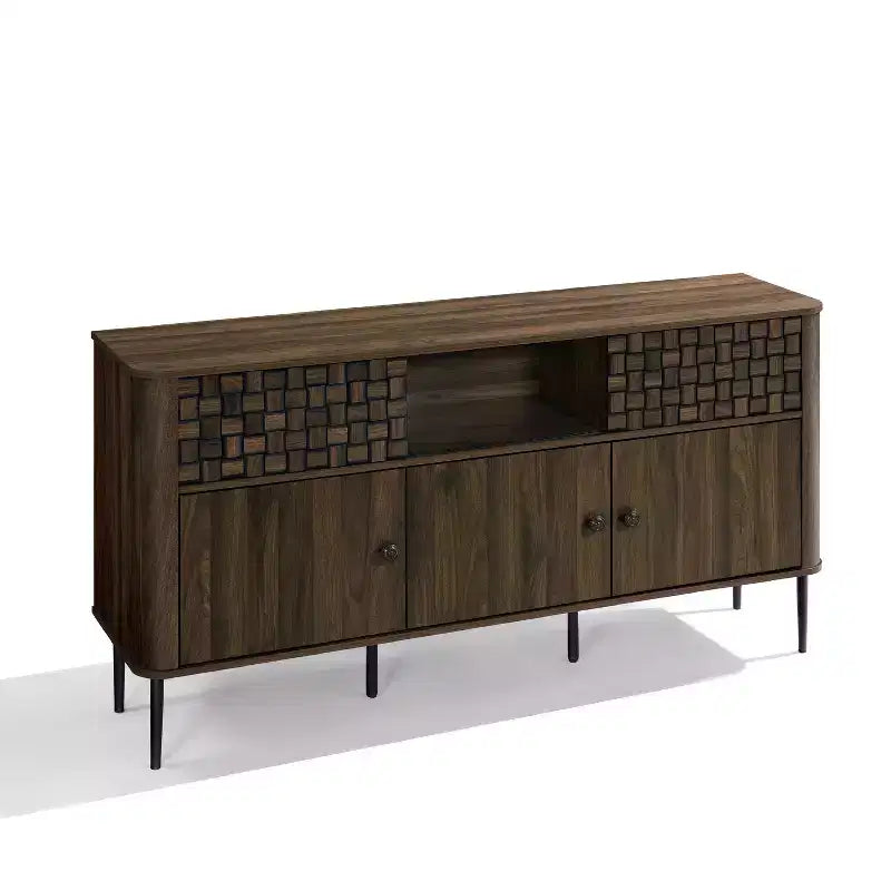 Ciemny dębowy kredens-barek z trzema przesuwnymi drzwiami w stylu Mid-Century Modern