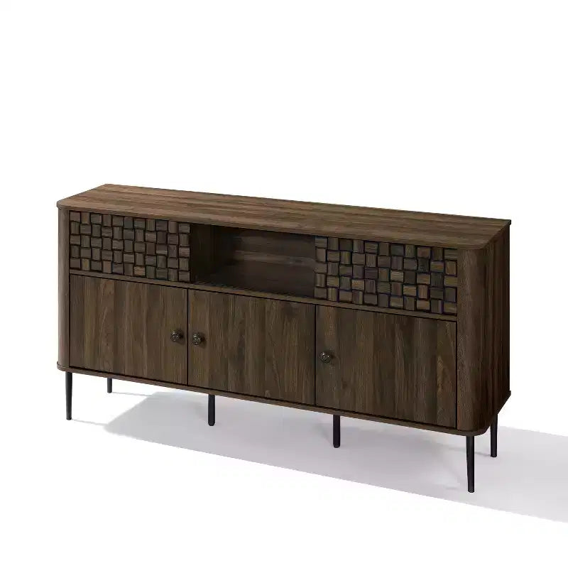 Ciemny dębowy kredens-barek z trzema przesuwnymi drzwiami w stylu Mid-Century Modern