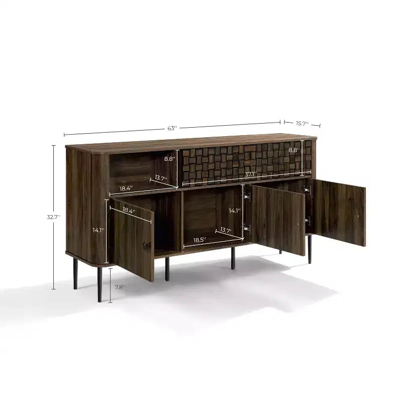 Ciemny dębowy kredens-barek z trzema przesuwnymi drzwiami w stylu Mid-Century Modern