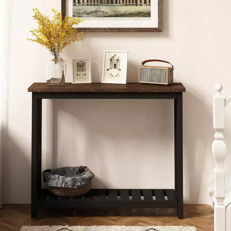 Konsola Rustykalna Black Frame Brown Top z Dolną Półką, 1-osobowa