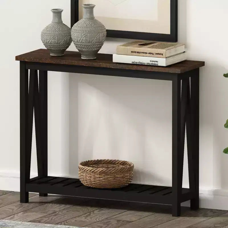 Konsola Rustykalna Black Frame Brown Top z Dolną Półką, 1-osobowa