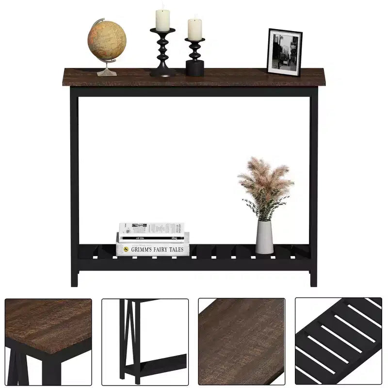 Konsola Rustykalna Black Frame Brown Top z Dolną Półką, 1-osobowa