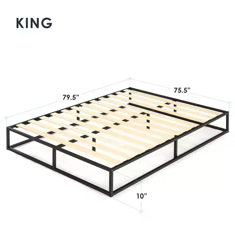 Czarna metalowa platforma do łóżka King-size ze stelażem z drewnianych listew, dla 1 osoby