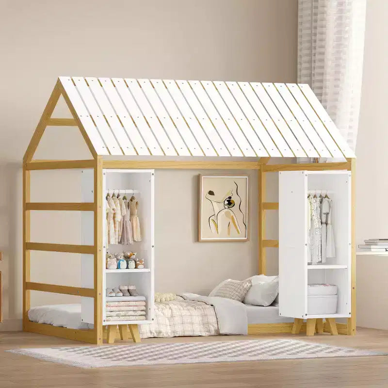 Łóżko podłogowe Montessori dla dzieci, pojedyncze – szare/naturalne, 1-osobowe