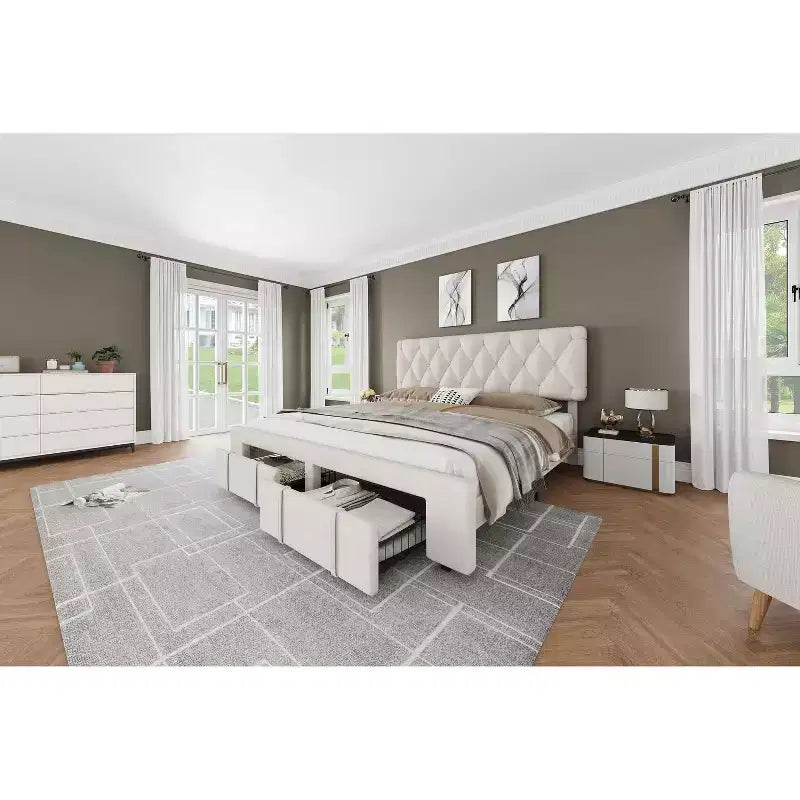 Bed frame, modern upholstered bed frame with tufted headboard and storage drawers - heavy-duty wooden slats, no box spring required, easy assembly