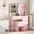 Makeup Vanity Desk with Lighted Mirror, Dressing Table Set with 4 Drawers, Pink