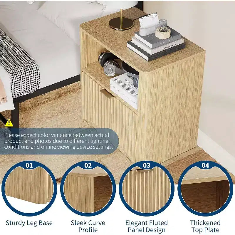 Szafka nocna Mid Century Modern, zestaw 2 sztuk, 58 cm szerokości, ryflowana szafka nocna z szufladą i schowkiem, ryflowana szafka nocna do sypialni, kanapy, biura