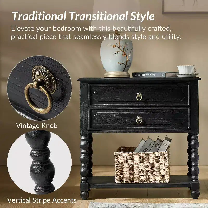 Jerardo 30 Wysoki stolik nocny z 2 szufladami i wbudowanymi gniazdami ładowania, zestaw 2 szt. | ARTFUL LIVING DESIGNS