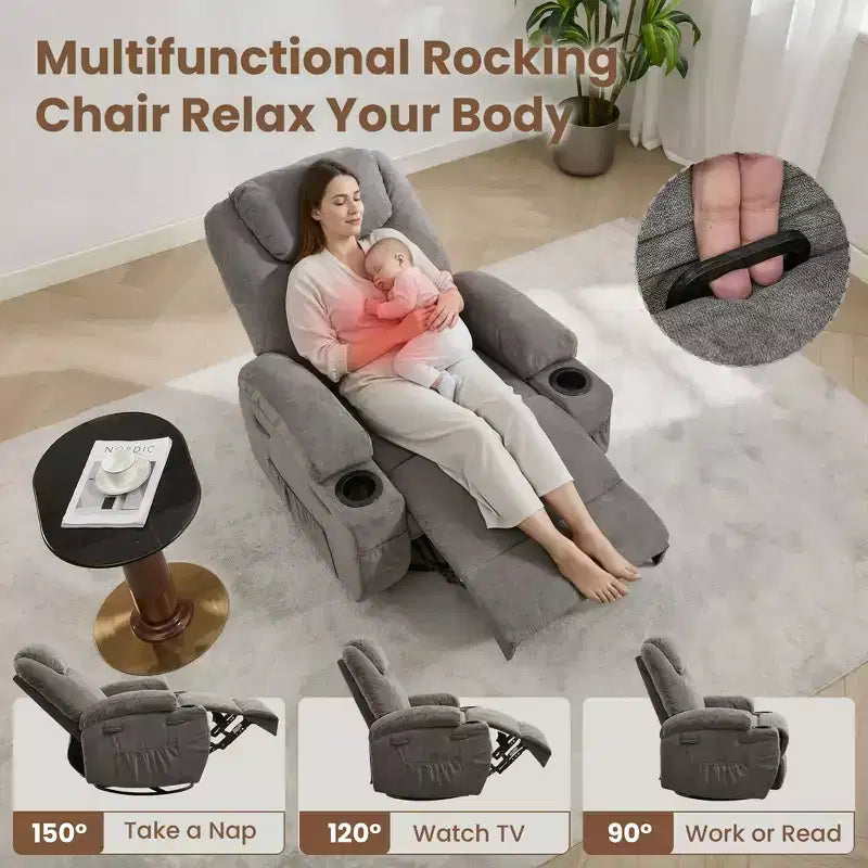 Fotel wypoczynkowy rozkładany z obrotową podstawą 360°, jednoosobowy, z funkcją masażu i ogrzewania