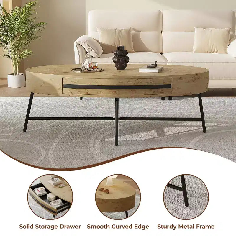 Drewniany/żółty owalny stolik kawowy w stylu Mid-Century z szufladą i schowkiem