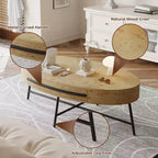 Drewniany/żółty owalny stolik kawowy w stylu Mid-Century z szufladą i schowkiem