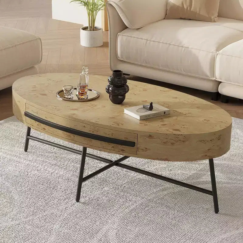 Drewniany/żółty owalny stolik kawowy w stylu Mid-Century z szufladą i schowkiem