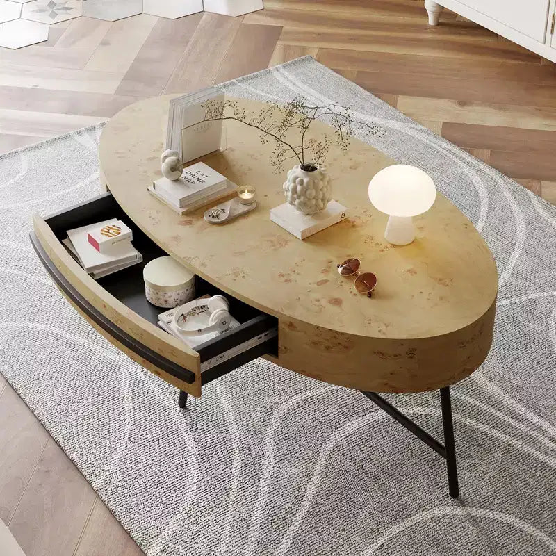 Drewniany/żółty owalny stolik kawowy w stylu Mid-Century z szufladą i schowkiem