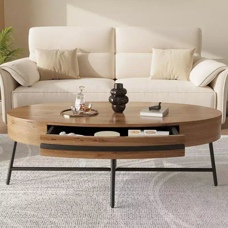 Drewniany/żółty owalny stolik kawowy w stylu Mid-Century z szufladą i schowkiem