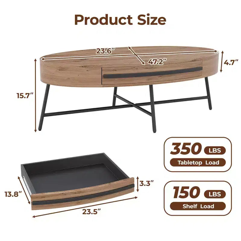Drewniany/żółty owalny stolik kawowy w stylu Mid-Century z szufladą i schowkiem