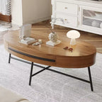 Drewniany/żółty owalny stolik kawowy w stylu Mid-Century z szufladą i schowkiem
