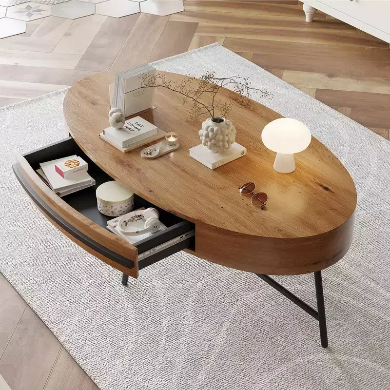 Drewniany/żółty owalny stolik kawowy w stylu Mid-Century z szufladą i schowkiem