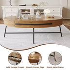 Drewniany/żółty owalny stolik kawowy w stylu Mid-Century z szufladą i schowkiem