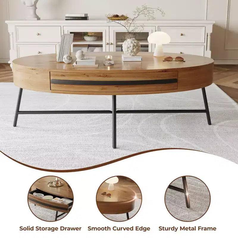 Drewniany/żółty owalny stolik kawowy w stylu Mid-Century z szufladą i schowkiem