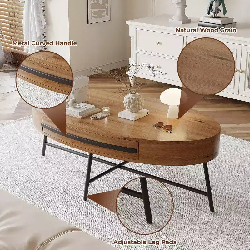 Drewniany/żółty owalny stolik kawowy w stylu Mid-Century z szufladą i schowkiem