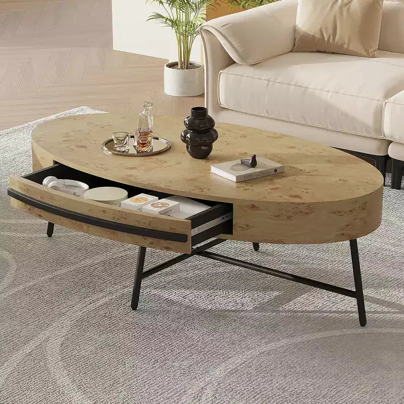 Drewniany/żółty owalny stolik kawowy w stylu Mid-Century z szufladą i schowkiem