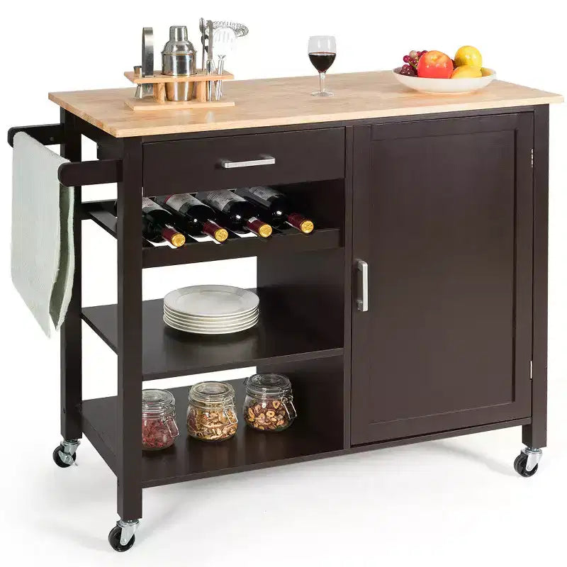 Costway 4-Tier Wood Kitchen Island Trolley Cart Storage Cabinet w/ Rack & Drawer