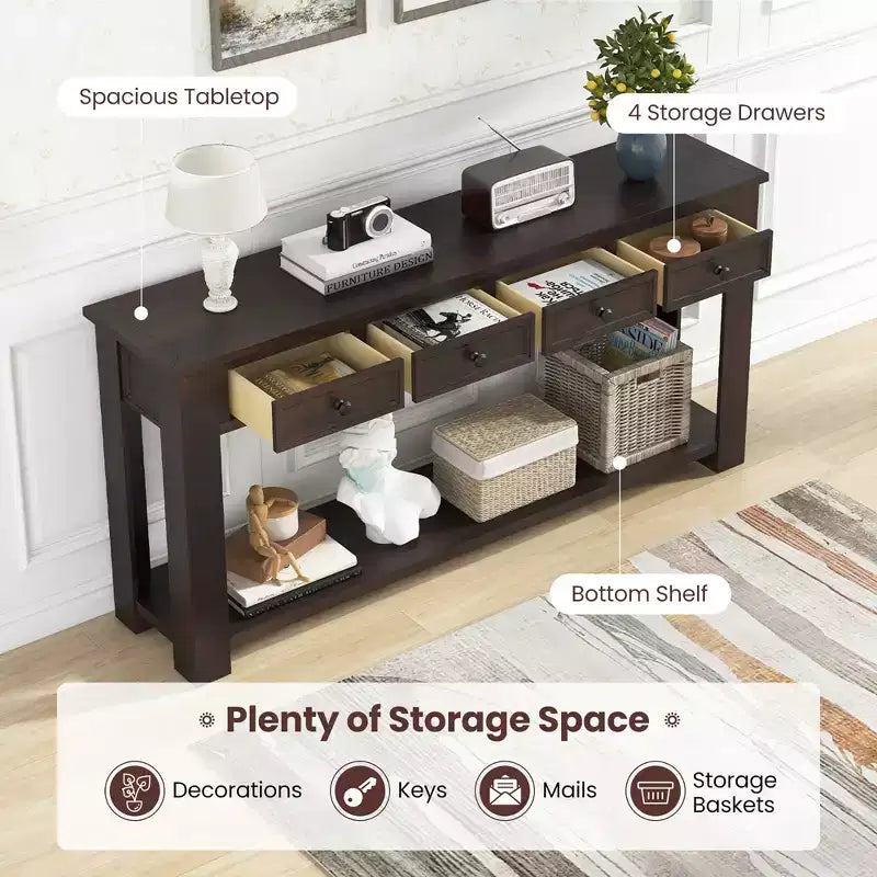Stolik wejściowy w stylu wiejskim Costway 63 z 4 szufladami do przechowywania i otwartą półką Espresso