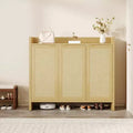 Rattan Shoe Storage Cabinet, Wooden Shoe Rack Organizer Cabinet with 3 Doors and Adjustable Shelves for Entryway Living Room Hallway, Light Oak